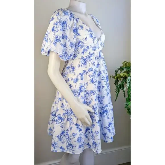 Entro Babydoll Minidress Medium White Blue Floral Ruffle Puff Sleeve Cottagecore - Picture 4 of 11